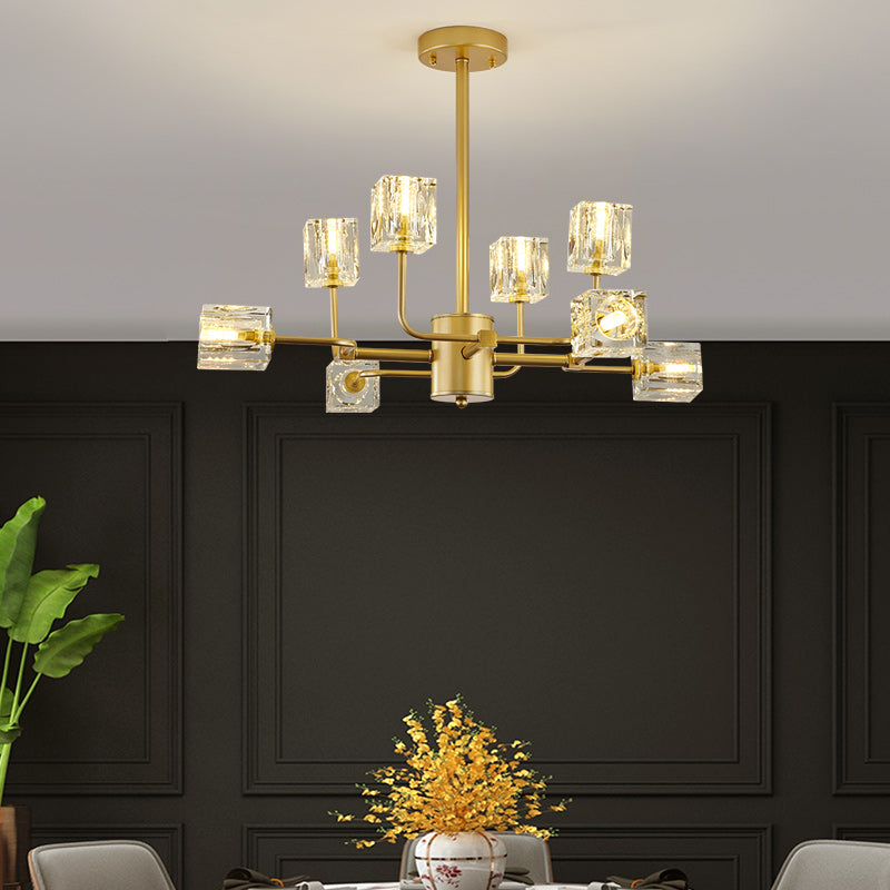 Traditional Cube Hanging Pendant 8 Heads Clear Crystal Glass Chandelier Lighting Fixture in Black/Gold Gold Clearhalo 'Ceiling Lights' 'Chandeliers' Lighting' options 303007_a127d876-3aef-4dc5-9398-8892e11a2259