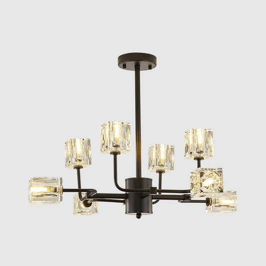 Traditional Cube Hanging Pendant 8 Heads Clear Crystal Glass Chandelier Lighting Fixture in Black/Gold Clearhalo 'Ceiling Lights' 'Chandeliers' Lighting' options 303009