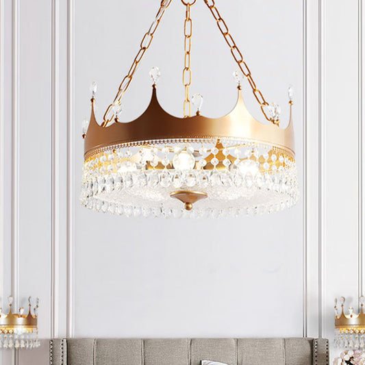 Crown Bedroom Ceiling Chandelier Traditional Metal 5 Heads Gold Hanging Light Fixture with Crystal Draping Clearhalo 'Ceiling Lights' 'Chandeliers' Lighting' options 303019