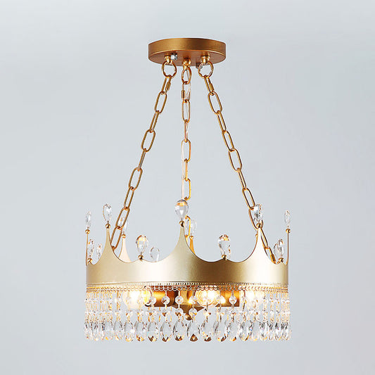 Crown Bedroom Ceiling Chandelier Traditional Metal 5 Heads Gold Hanging Light Fixture with Crystal Draping Clearhalo 'Ceiling Lights' 'Chandeliers' Lighting' options 303020