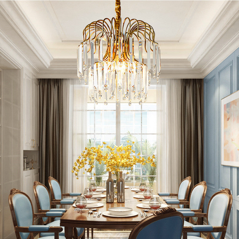 Rectangle-Cut Crystal Gold Hanging Chandelier Waterfall 3 Lights Vintage Down Lighting Pendant for Dining Room Gold Clearhalo 'Ceiling Lights' 'Chandeliers' Lighting' options 303024_79077b10-9bf4-4a1d-8212-17f7df8fdb8c