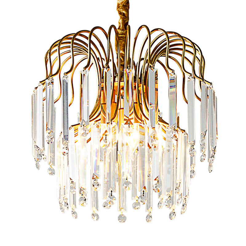 Rectangle-Cut Crystal Gold Hanging Chandelier Waterfall 3 Lights Vintage Down Lighting Pendant for Dining Room Clearhalo 'Ceiling Lights' 'Chandeliers' Lighting' options 303026