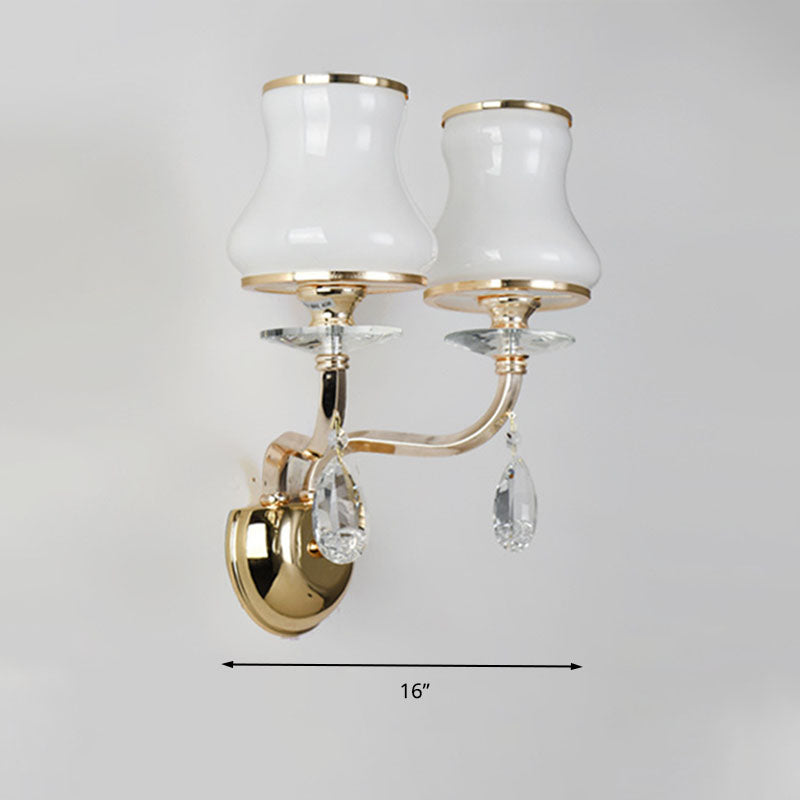 White Glass Bell Wall Mounted Lamp Vintage 1/2 Heads Living Room LED Sconce Light Fixture with Crystal Accent Clearhalo 'Wall Lamps & Sconces' 'Wall Lights' Lighting' 303063