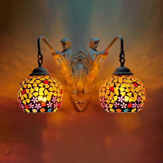 Cut Glass Red/Pink/Yellow Vanity Lamp Globe Shade 2 Lights Mediterranean Sconce Light Fixture for Bathroom Red Clearhalo 'Industrial' 'Middle century wall lights' 'Tiffany wall lights' 'Tiffany' 'Wall Lamps & Sconces' 'Wall Lights' Lighting' 303074