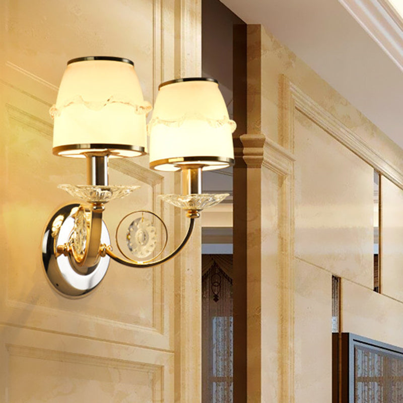 1/2-Bulb Curving Wall Light Traditional White Metal LED Wall Lamp with Crystal Accent Clearhalo 'Wall Lamps & Sconces' 'Wall Lights' Lighting' 303096