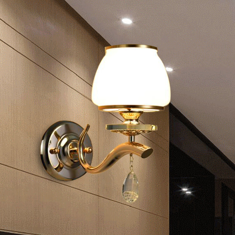 Dome Bedroom Sconce Light Traditional White Glass 1/2 Heads Wall Lighting Fixture with Dangling Crystal 1.0 White Clearhalo 'Wall Lamps & Sconces' 'Wall Lights' Lighting' 303105