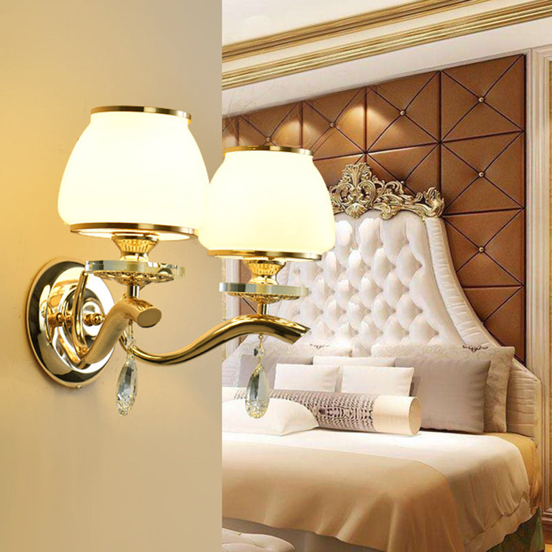 Dome Bedroom Sconce Light Traditional White Glass 1/2 Heads Wall Lighting Fixture with Dangling Crystal Clearhalo 'Wall Lamps & Sconces' 'Wall Lights' Lighting' 303110