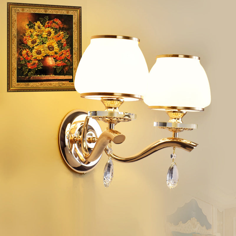 Dome Bedroom Sconce Light Traditional White Glass 1/2 Heads Wall Lighting Fixture with Dangling Crystal 2.0 White Clearhalo 'Wall Lamps & Sconces' 'Wall Lights' Lighting' 303111