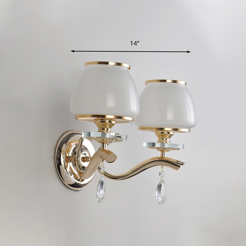 Dome Bedroom Sconce Light Traditional White Glass 1/2 Heads Wall Lighting Fixture with Dangling Crystal Clearhalo 'Wall Lamps & Sconces' 'Wall Lights' Lighting' 303114