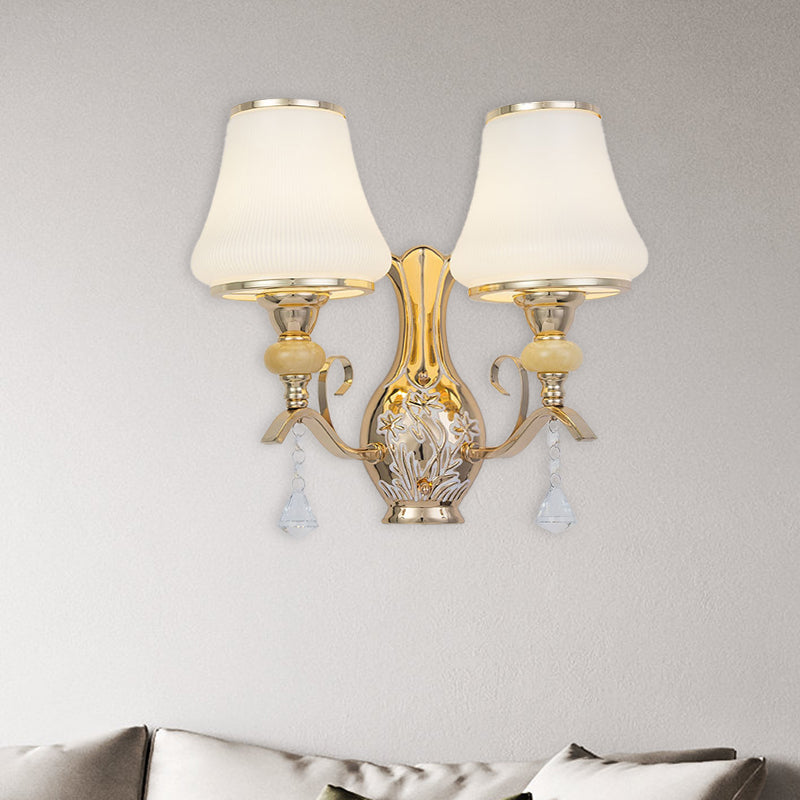 Opal Glass Bell Wall Mounted Lamp Retro 2 Heads Living Room Sconce Light Fixture with Crystal Draping White Clearhalo 'Wall Lamps & Sconces' 'Wall Lights' Lighting' 303115