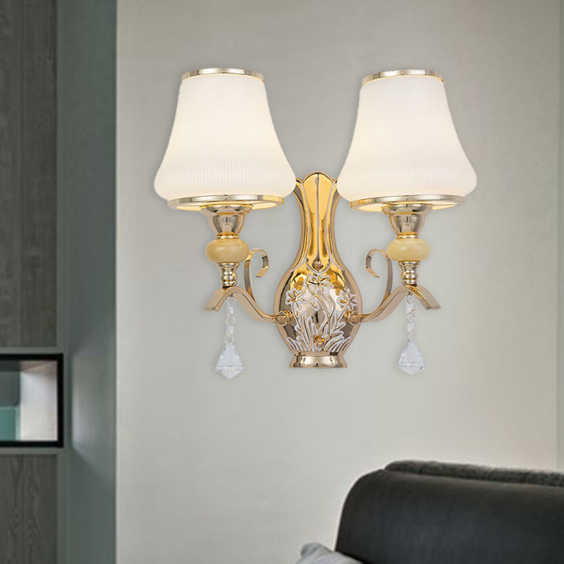 Opal Glass Bell Wall Mounted Lamp Retro 2 Heads Living Room Sconce Light Fixture with Crystal Draping Clearhalo 'Wall Lamps & Sconces' 'Wall Lights' Lighting' 303117