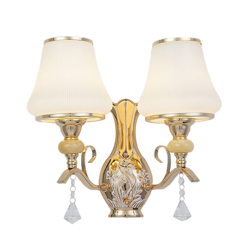 Opal Glass Bell Wall Mounted Lamp Retro 2 Heads Living Room Sconce Light Fixture with Crystal Draping Clearhalo 'Wall Lamps & Sconces' 'Wall Lights' Lighting' 303118