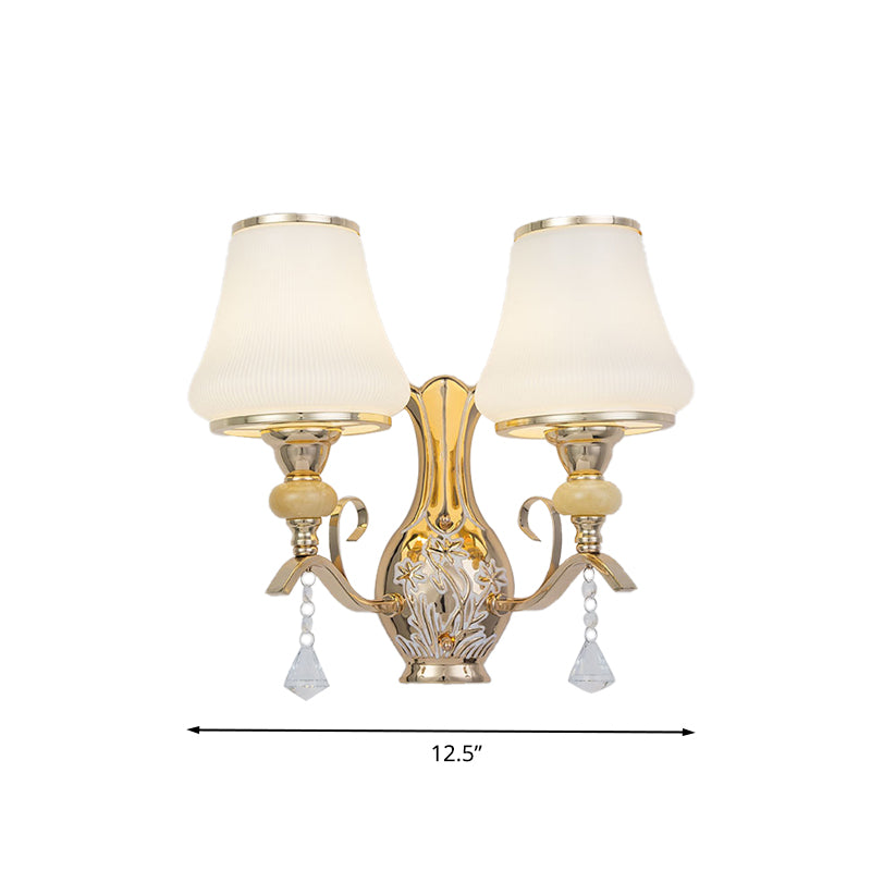 Opal Glass Bell Wall Mounted Lamp Retro 2 Heads Living Room Sconce Light Fixture with Crystal Draping Clearhalo 'Wall Lamps & Sconces' 'Wall Lights' Lighting' 303119