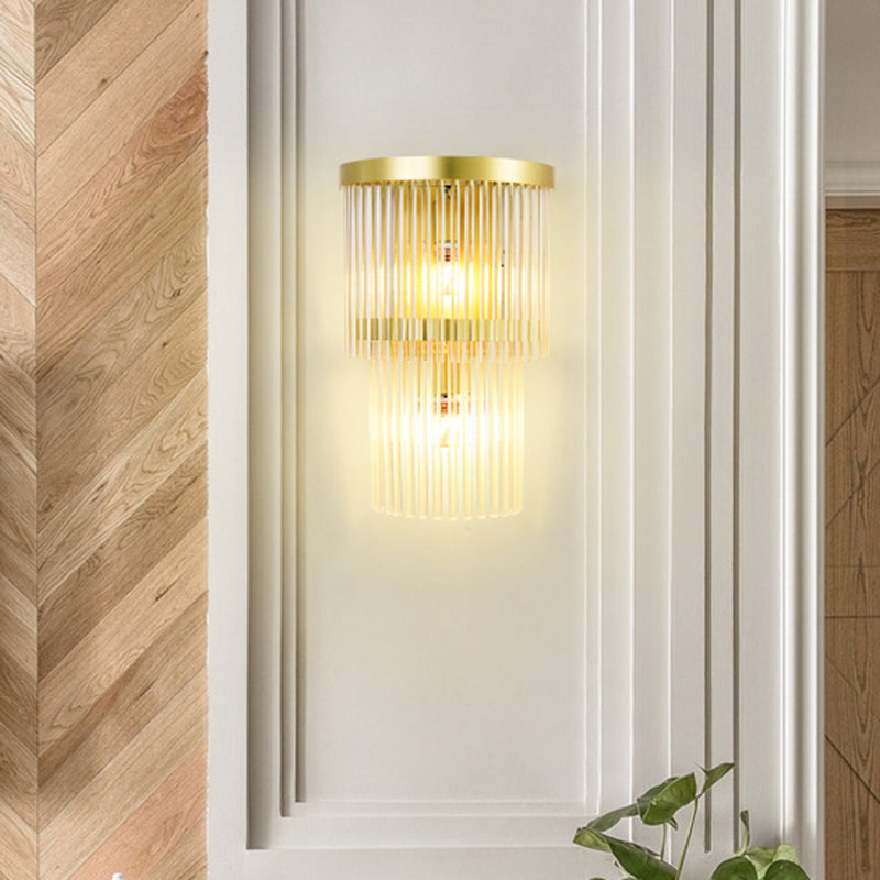 2 Bulbs Half Cylinder Wall Sconce Traditional Gold Clear Crystal LED Wall Light for Living Room Gold Clearhalo 'Wall Lamps & Sconces' 'Wall Lights' Lighting' 303166