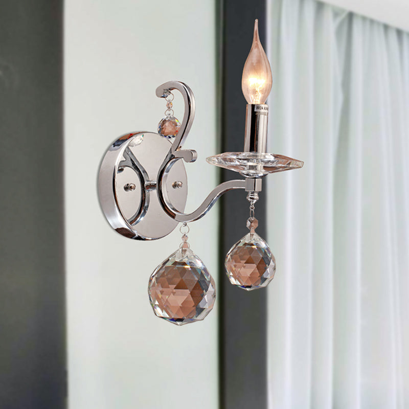 Metal Candelabra Sconce Light Retro 1/2-Bulb Living Room LED Wall Lighting with Crystal Ball in Chrome Clearhalo 'Wall Lamps & Sconces' 'Wall Lights' Lighting' 303208