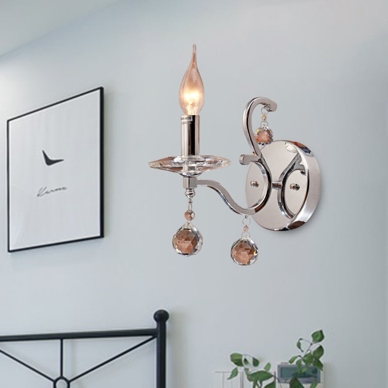 Metal Candelabra Sconce Light Retro 1/2-Bulb Living Room LED Wall Lighting with Crystal Ball in Chrome Clearhalo 'Wall Lamps & Sconces' 'Wall Lights' Lighting' 303209