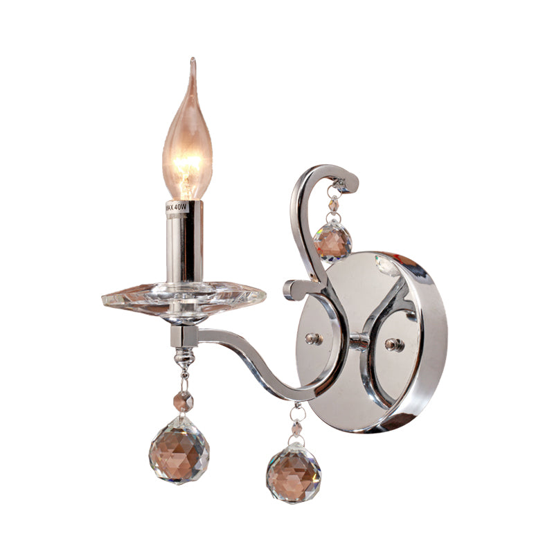 Metal Candelabra Sconce Light Retro 1/2-Bulb Living Room LED Wall Lighting with Crystal Ball in Chrome Clearhalo 'Wall Lamps & Sconces' 'Wall Lights' Lighting' 303210