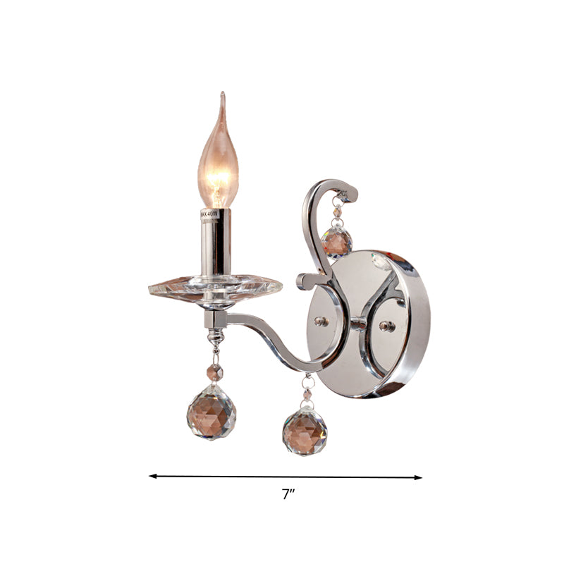 Metal Candelabra Sconce Light Retro 1/2-Bulb Living Room LED Wall Lighting with Crystal Ball in Chrome Clearhalo 'Wall Lamps & Sconces' 'Wall Lights' Lighting' 303211