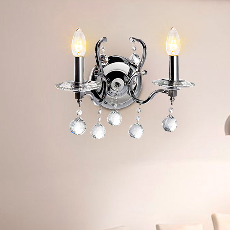 Metal Candelabra Sconce Light Retro 1/2-Bulb Living Room LED Wall Lighting with Crystal Ball in Chrome Clearhalo 'Wall Lamps & Sconces' 'Wall Lights' Lighting' 303212