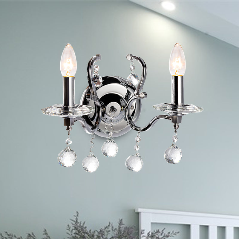 Metal Candelabra Sconce Light Retro 1/2-Bulb Living Room LED Wall Lighting with Crystal Ball in Chrome 2.0 Chrome Clearhalo 'Wall Lamps & Sconces' 'Wall Lights' Lighting' 303214