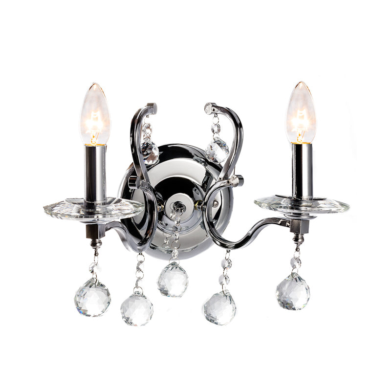 Metal Candelabra Sconce Light Retro 1/2-Bulb Living Room LED Wall Lighting with Crystal Ball in Chrome Clearhalo 'Wall Lamps & Sconces' 'Wall Lights' Lighting' 303215