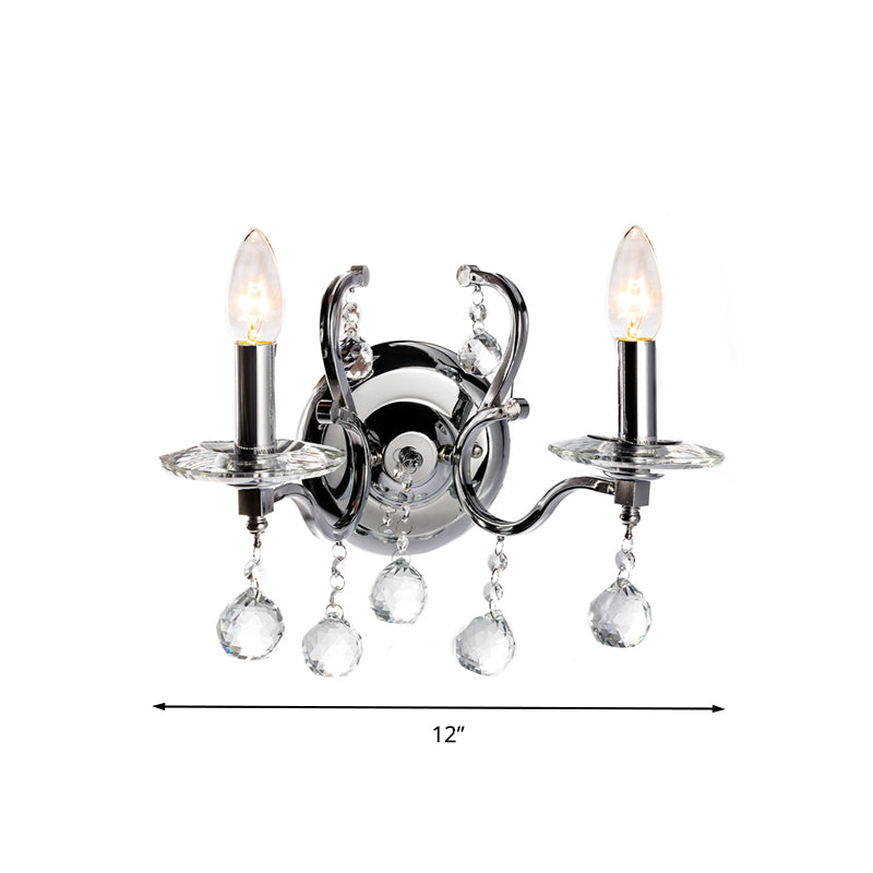 Metal Candelabra Sconce Light Retro 1/2-Bulb Living Room LED Wall Lighting with Crystal Ball in Chrome Clearhalo 'Wall Lamps & Sconces' 'Wall Lights' Lighting' 303216