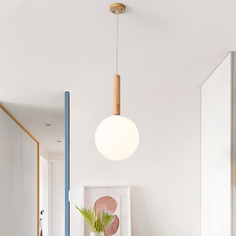 Globe Pendant Light Asian White Glass 6"/7" Wide 1 Head Wood Ceiling Suspension Lamp Clearhalo 'Ceiling Lights' 'Chandeliers' 'Glass shade' 'Glass' 'Pendant Lights' 'Pendants' Lighting' 303249
