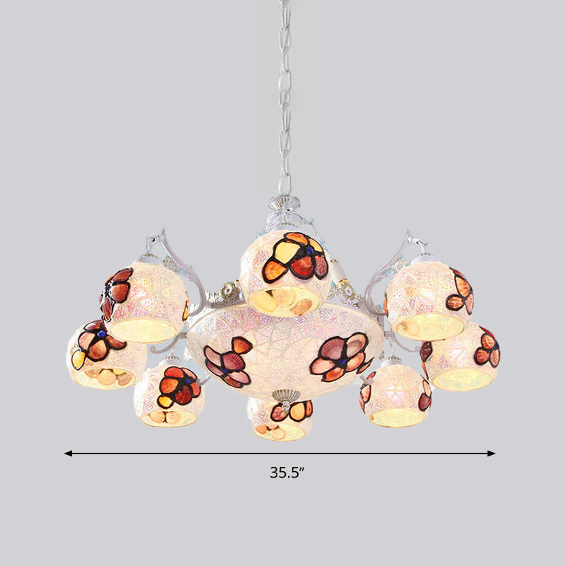 Flower Chandelier Lighting Fixture Tiffany Stained Art Glass 5/9/11 Lights White Ceiling Pendant Clearhalo 'Ceiling Lights' 'Chandeliers' 'Industrial' 'Middle Century Chandeliers' 'Tiffany Chandeliers' 'Tiffany close to ceiling' 'Tiffany' Lighting' 303292