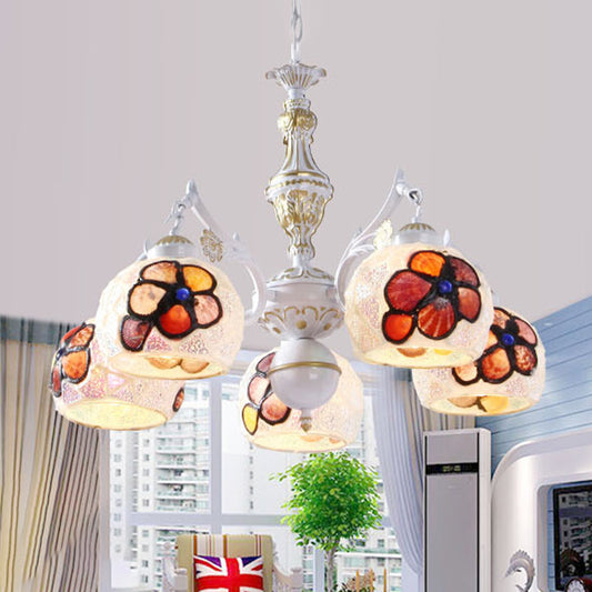 Flower Chandelier Lighting Fixture Tiffany Stained Art Glass 5/9/11 Lights White Ceiling Pendant 5 White Clearhalo 'Ceiling Lights' 'Chandeliers' 'Industrial' 'Middle Century Chandeliers' 'Tiffany Chandeliers' 'Tiffany close to ceiling' 'Tiffany' Lighting' 303295