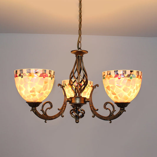 Shell Domed Ceiling Chandelier Tiffany Style 5/9/11 Lights Beige Suspension Pendant for Bedroom 3 Beige Clearhalo 'Ceiling Lights' 'Chandeliers' 'Industrial' 'Middle Century Chandeliers' 'Tiffany Chandeliers' 'Tiffany close to ceiling' 'Tiffany' Lighting' 303363