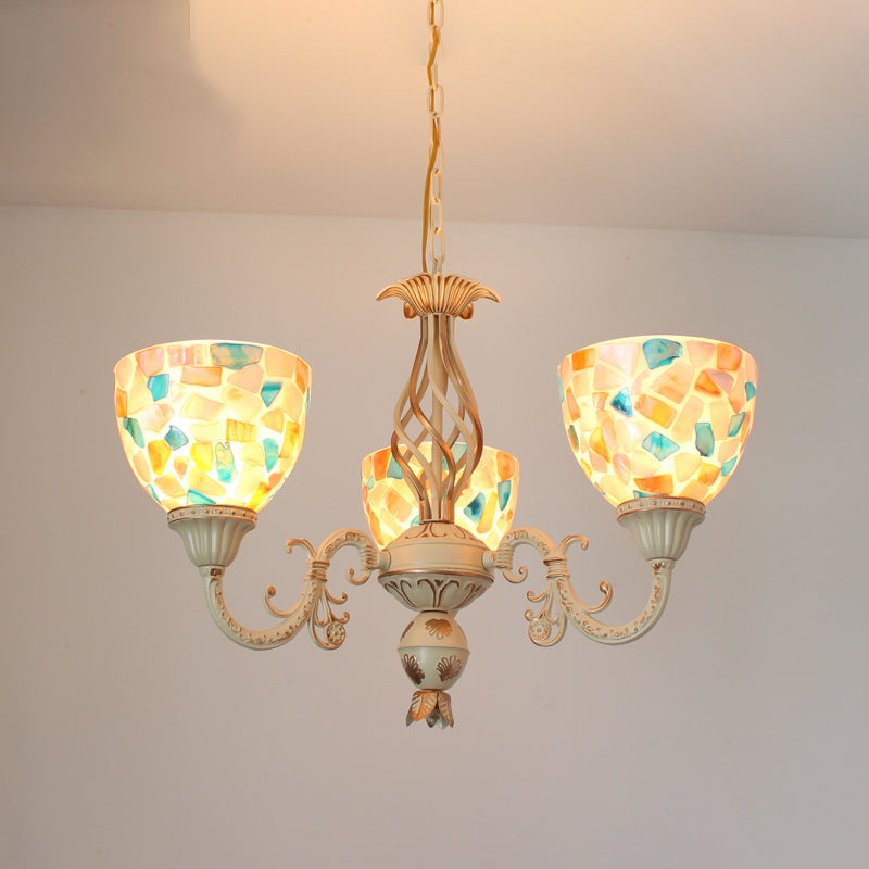 3/5 Lights Ceiling Chandelier Tiffany Mosaic Shell Suspension Pendant in White for Bedroom, Up/Down 3 White Up Clearhalo 'Ceiling Lights' 'Chandeliers' 'Industrial' 'Middle Century Chandeliers' 'Tiffany Chandeliers' 'Tiffany close to ceiling' 'Tiffany' Lighting' 303440