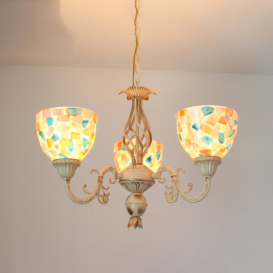 3/5 Lights Ceiling Chandelier Tiffany Mosaic Shell Suspension Pendant in White for Bedroom, Up/Down 3 White Up Clearhalo 'Ceiling Lights' 'Chandeliers' 'Industrial' 'Middle Century Chandeliers' 'Tiffany Chandeliers' 'Tiffany close to ceiling' 'Tiffany' Lighting' 303440