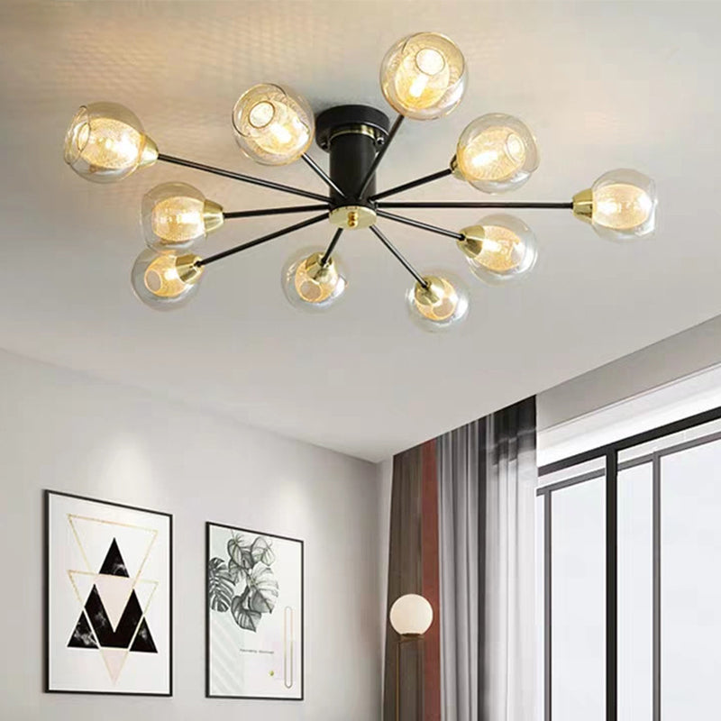 Ball Amber Glass Semi Flush Lighting Modernist 10 Heads Black Ceiling Flush Mounted Lamp with Radial Design Clearhalo 'Ceiling Lights' 'Chandeliers' 'Close To Ceiling Lights' 'Close to ceiling' 'Glass shade' 'Glass' 'Semi-flushmount' Lighting' 303454