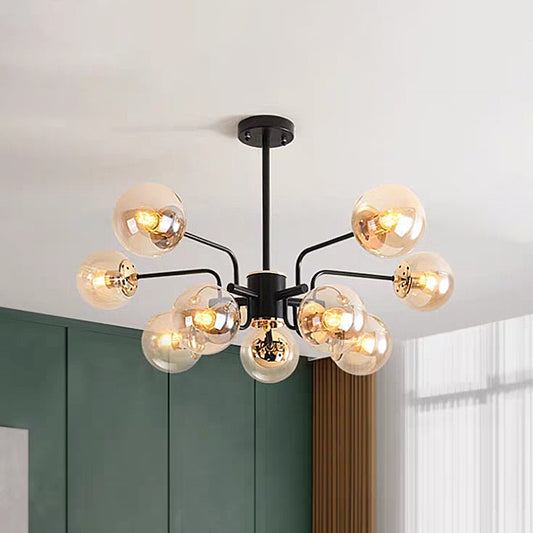 Sphere Living Room Chandelier Amber Glass 10 Bulbs Contemporary Pendant Ceiling Light in Black Clearhalo 'Ceiling Lights' 'Chandeliers' 'Glass shade' 'Glass' 'Island Lights' 'Modern Chandeliers' 'Modern' Lighting' 303458