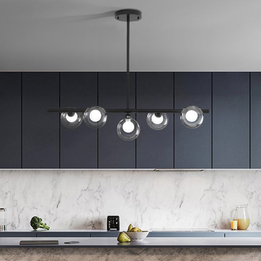 Contemporary 5 Heads Island Lighting Black Finish Global LED Suspension Pendant Lamp with Clear Glass Shade Black Clearhalo 'Ceiling Lights' 'Chandeliers' 'Glass shade' 'Glass' 'Island Lights' Lighting' 303463