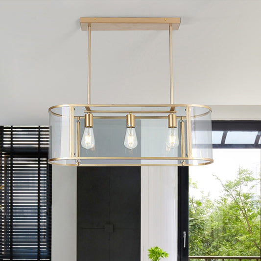 Clear Glass Rectangle Island Lighting Modern 3 Heads Gold Finish Hanging Lamp Kit for Dining Room Clearhalo 'Ceiling Lights' 'Glass shade' 'Glass' 'Island Lights' Lighting' 303466