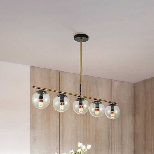 Linear Dining Room Island Lamp Cognac Glass 5 Lights Contemporary Hanging Pendant Light in Brass Cognac Clearhalo 'Ceiling Lights' 'Chandeliers' 'Glass shade' 'Glass' 'Island Lights' Lighting' 303470