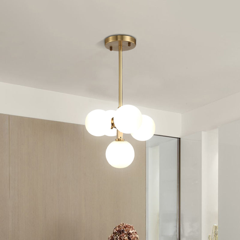 Brass Round Hanging Chandelier Modern 5 Heads White Frosted Galss LED Ceiling Pendant Light Brass Clearhalo 'Ceiling Lights' 'Chandeliers' 'Glass shade' 'Glass' 'Modern Chandeliers' 'Modern' 'Pendant Lights' Lighting' 303476