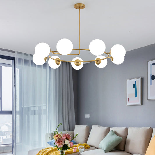 Contemporary Sphere Chandelier Pendant Lamp Milk Frosted Glass 9 Bulbs Living Room Hanging Light Kit in Gold with Ring Design Gold Clearhalo 'Ceiling Lights' 'Chandeliers' 'Glass shade' 'Glass' 'Modern Chandeliers' 'Modern' Lighting' 303477