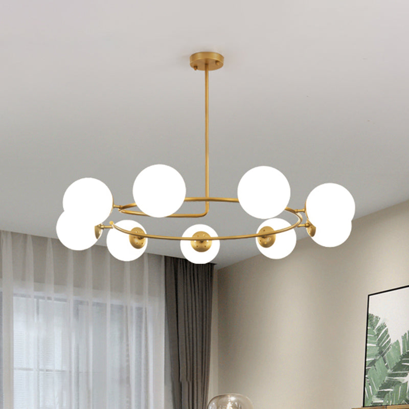 Contemporary Sphere Chandelier Pendant Lamp Milk Frosted Glass 9 Bulbs Living Room Hanging Light Kit in Gold with Ring Design Clearhalo 'Ceiling Lights' 'Chandeliers' 'Glass shade' 'Glass' 'Modern Chandeliers' 'Modern' Lighting' 303478