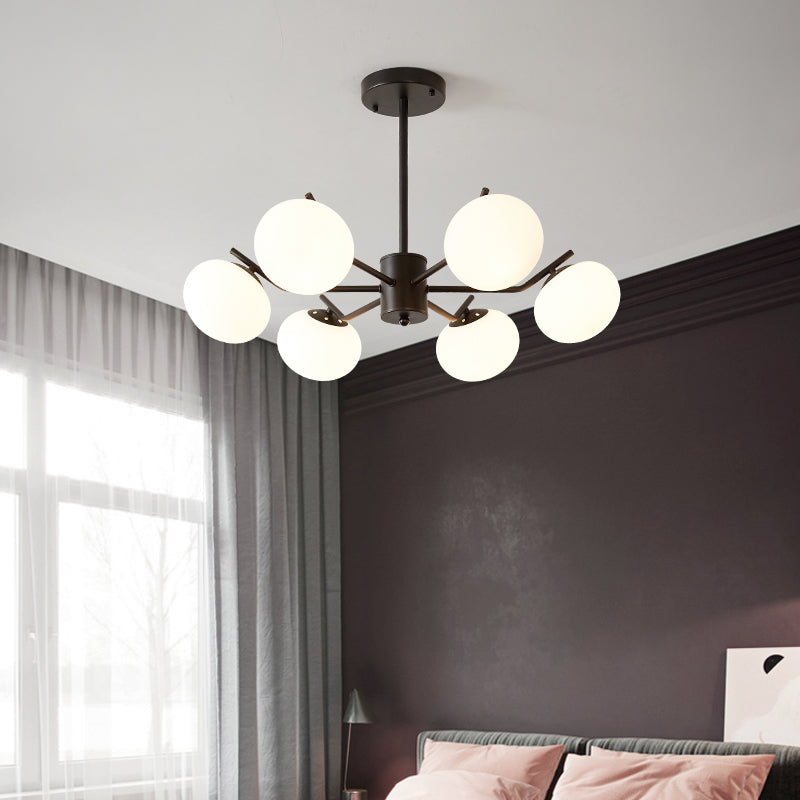 Black/Coffee Ball Hanging Chandelier Modern 3/6 Bulbs Opal Frosted Glass Pendant Ceiling Light for Bedroom 6 Black Clearhalo 'Ceiling Lights' 'Chandeliers' 'Glass shade' 'Glass' 'Modern Chandeliers' 'Modern' Lighting' 303481