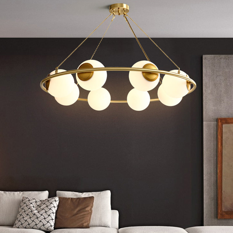 Opal Glass Ball Chandelier Lighting Modernism 8 Heads Brass Hanging Ceiling Lamp Fixture with Ring Design Brass Clearhalo 'Ceiling Lights' 'Chandeliers' 'Glass shade' 'Glass' 'Island Lights' 'Modern Chandeliers' 'Modern' Lighting' 303485