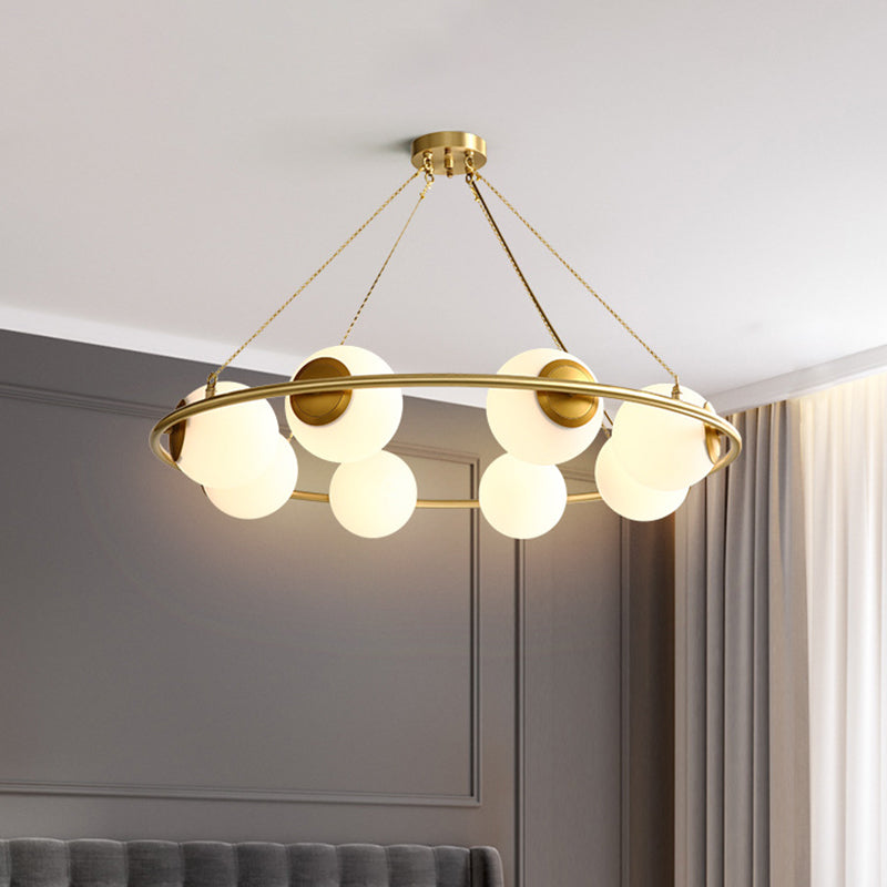 Opal Glass Ball Chandelier Lighting Modernism 8 Heads Brass Hanging Ceiling Lamp Fixture with Ring Design Clearhalo 'Ceiling Lights' 'Chandeliers' 'Glass shade' 'Glass' 'Island Lights' 'Modern Chandeliers' 'Modern' Lighting' 303487