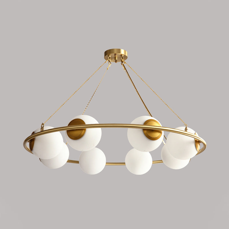 Opal Glass Ball Chandelier Lighting Modernism 8 Heads Brass Hanging Ceiling Lamp Fixture with Ring Design Clearhalo 'Ceiling Lights' 'Chandeliers' 'Glass shade' 'Glass' 'Island Lights' 'Modern Chandeliers' 'Modern' Lighting' 303488
