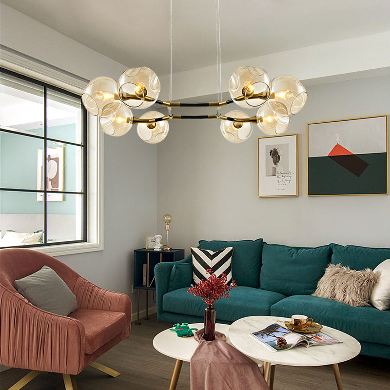 Round Living Room Chandelier Pendant Light Amber Dimpled Blown Glass 8 Bulbs Modernist Hanging Lamp Kit in Gold Gold Clearhalo 'Ceiling Lights' 'Chandeliers' 'Glass shade' 'Glass' 'Island Lights' 'Modern Chandeliers' 'Modern' Lighting' 303489