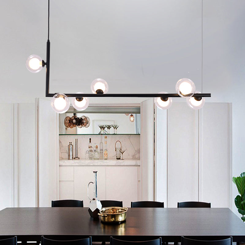 Contemporary Ball Clear Glass Island Lighting 7 Lights LED Suspension Pendant Lamp in Black with Right Angle Arm Clearhalo 'Ceiling Lights' 'Chandeliers' 'Glass shade' 'Glass' 'Island Lights' Lighting' 303493