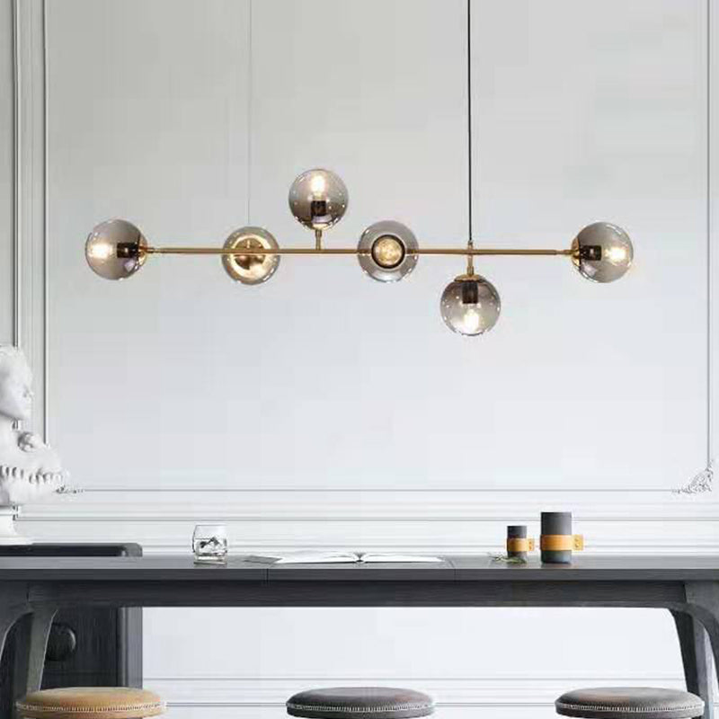 Global Smoke Gray Glass Hanging Lighting Modern 6 Heads Gold Finish Island Lamp with Linear Design Clearhalo 'Ceiling Lights' 'Chandeliers' 'Glass shade' 'Glass' 'Island Lights' Lighting' 303496