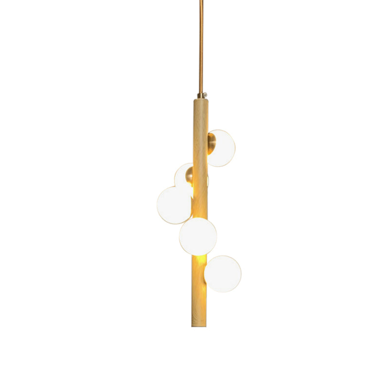 Tube Wood Chandelier Lighting Fixture Asian Style 5 Heads Beige Hanging Ceiling Lamp with Bubble Opal Glass Shade Clearhalo 'Ceiling Lights' 'Chandeliers' Lighting' options 303519