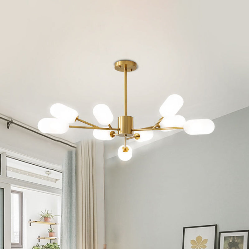 Contemporary Capsule Hanging Lighting Milk Frosted Glass 9 Bulbs Bedroom LED Chandelier Lamp in Gold Clearhalo 'Ceiling Lights' 'Chandeliers' 'Close To Ceiling Lights' 'Glass shade' 'Glass' 'Modern Chandeliers' 'Modern' Lighting' 303523