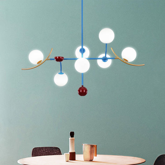 Opal Glass Ball Island Lighting Modernism 7 Lights Blue Finish Hanging Lamp Fixture for Dining Room Blue Clearhalo 'Ceiling Lights' 'Close To Ceiling Lights' 'Glass shade' 'Glass' 'Island Lights' Lighting' 303526